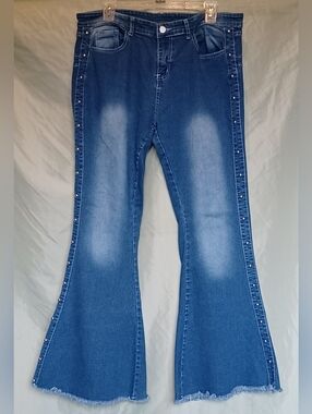 Jeans Brand Stud Leg High-Rise Fitted Blue Flare Bell Bottom Jeans Frayed Faded